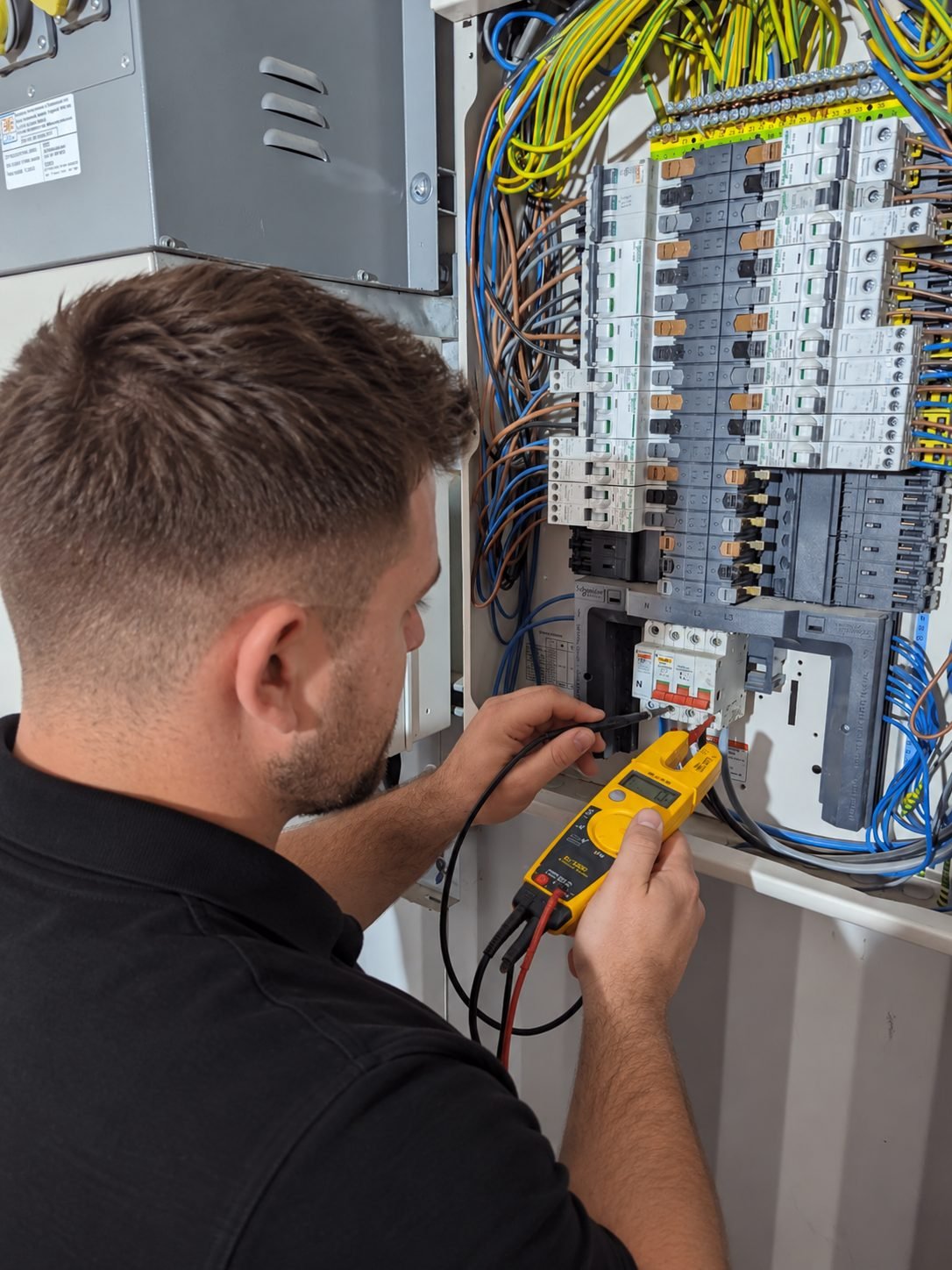 Test leads clipped into a consumer unit during fault finding